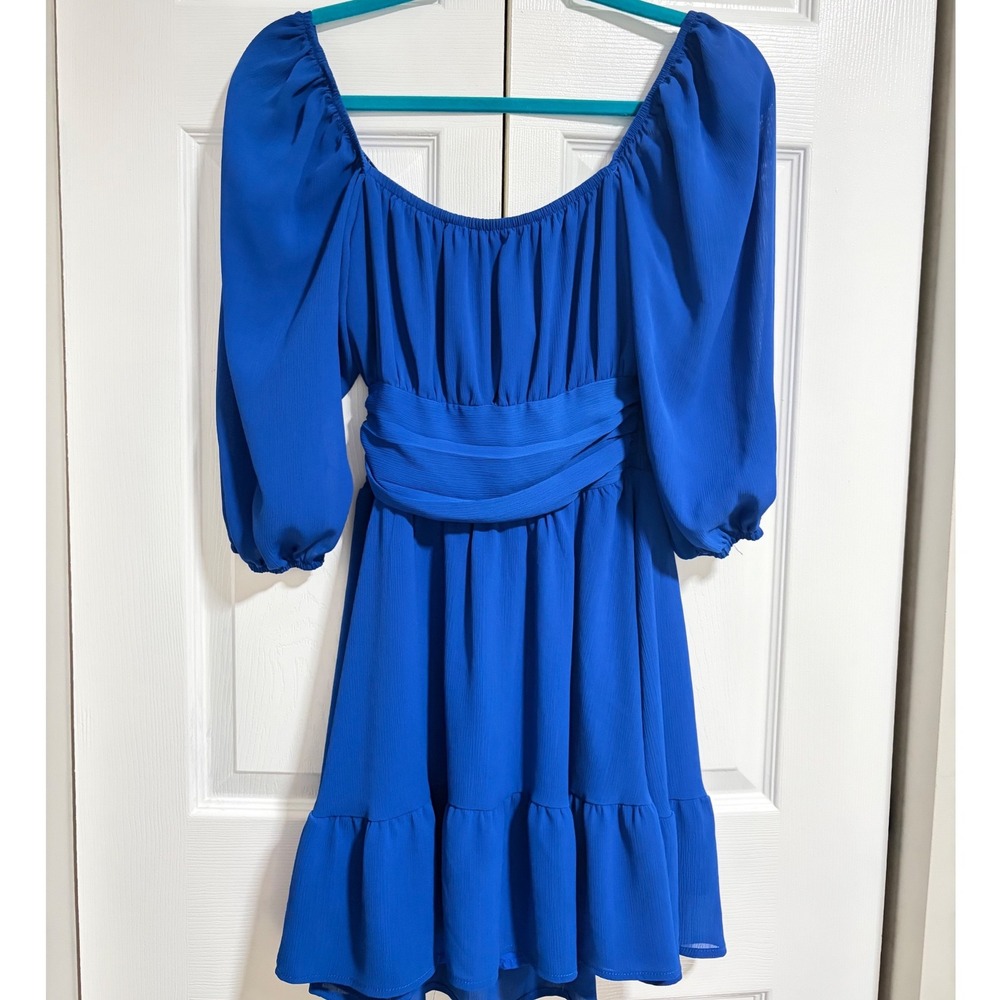 New Collection Royal Blue Puff Sleeve Tie Back Smocked Mini Dress XS Cottagecore